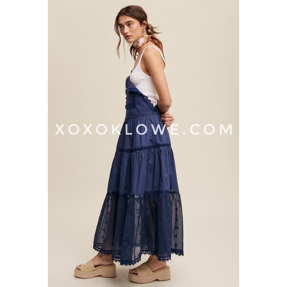 Listicle Navy Blue Lace + Embroidered Tiered Overall Dress | Trails End Skirtall - Picture 10 of 12